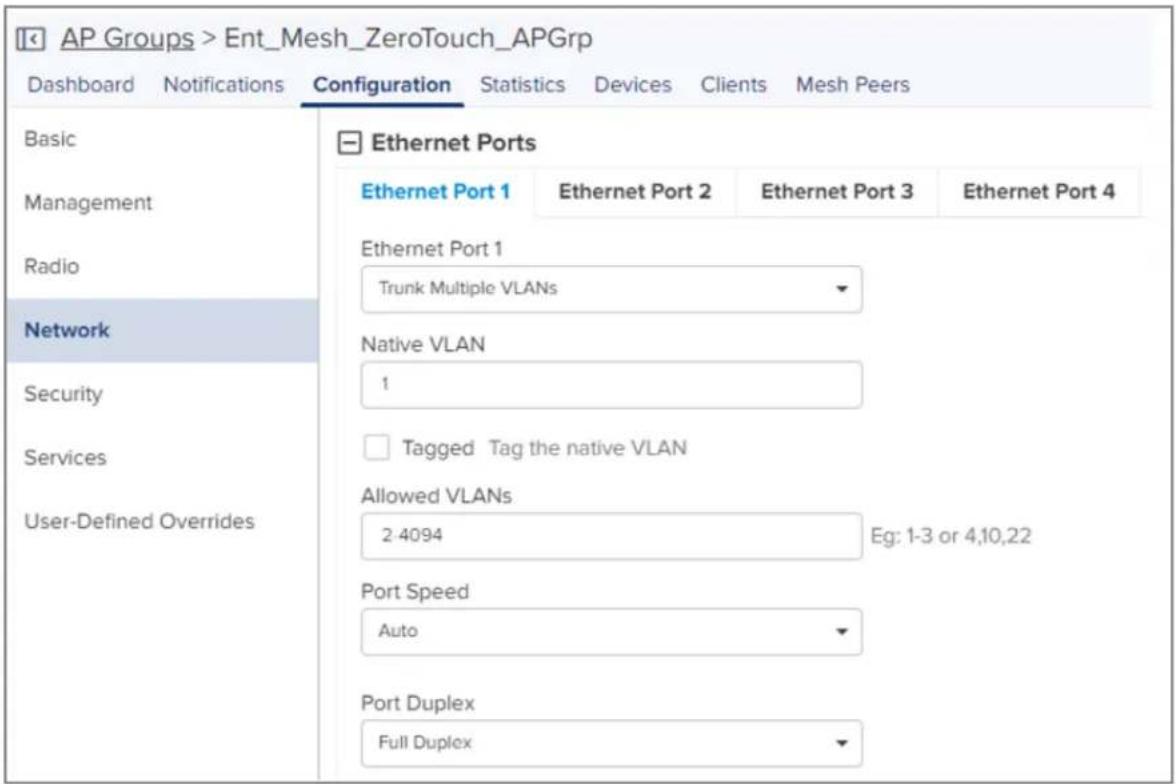 AP Groups > Ent_Mesh_ZeroTouch_APGrp Dashboard Notifications Configuration Statistics Devices Clients Mesh Peers Basic Management Radio Network Security Services User-Defined Overrides Ethernet Ports Ethernet Port 1 Ethernet Port 2 Ethernet Port 3 Ethernet Port 4 Ethernet Port 1 Trunk Multiple VLANs…
