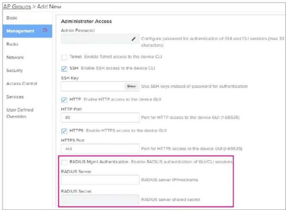 AP Groups > Add New Basic Management Radio Network Security Access Control Services User-Defined Overrides Administrator Access Admin Password Configure password for authentication of GUI and CLI sessions (max 32 characters) Telnet Enable Telnet access to the device CLI SSH Enable SSH access to the…
