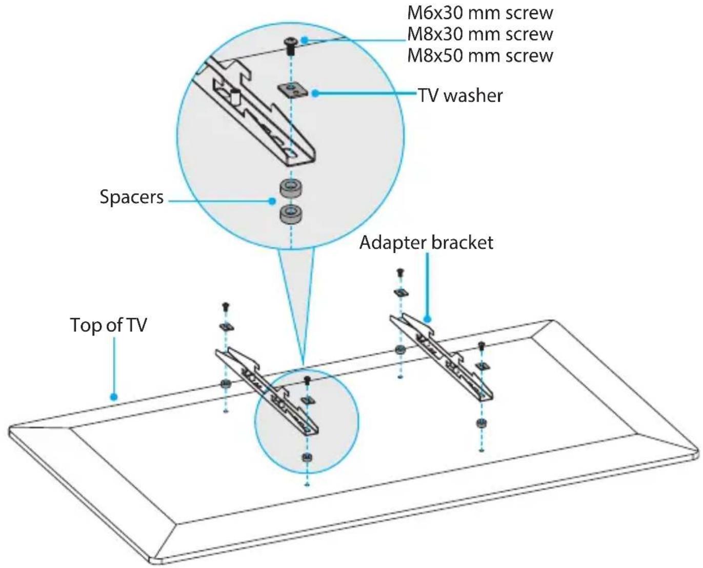 M6x30 mm screw M8x30 mm screw M8x50 mm screw TV washer Spacers Adapter bracket Top of TV