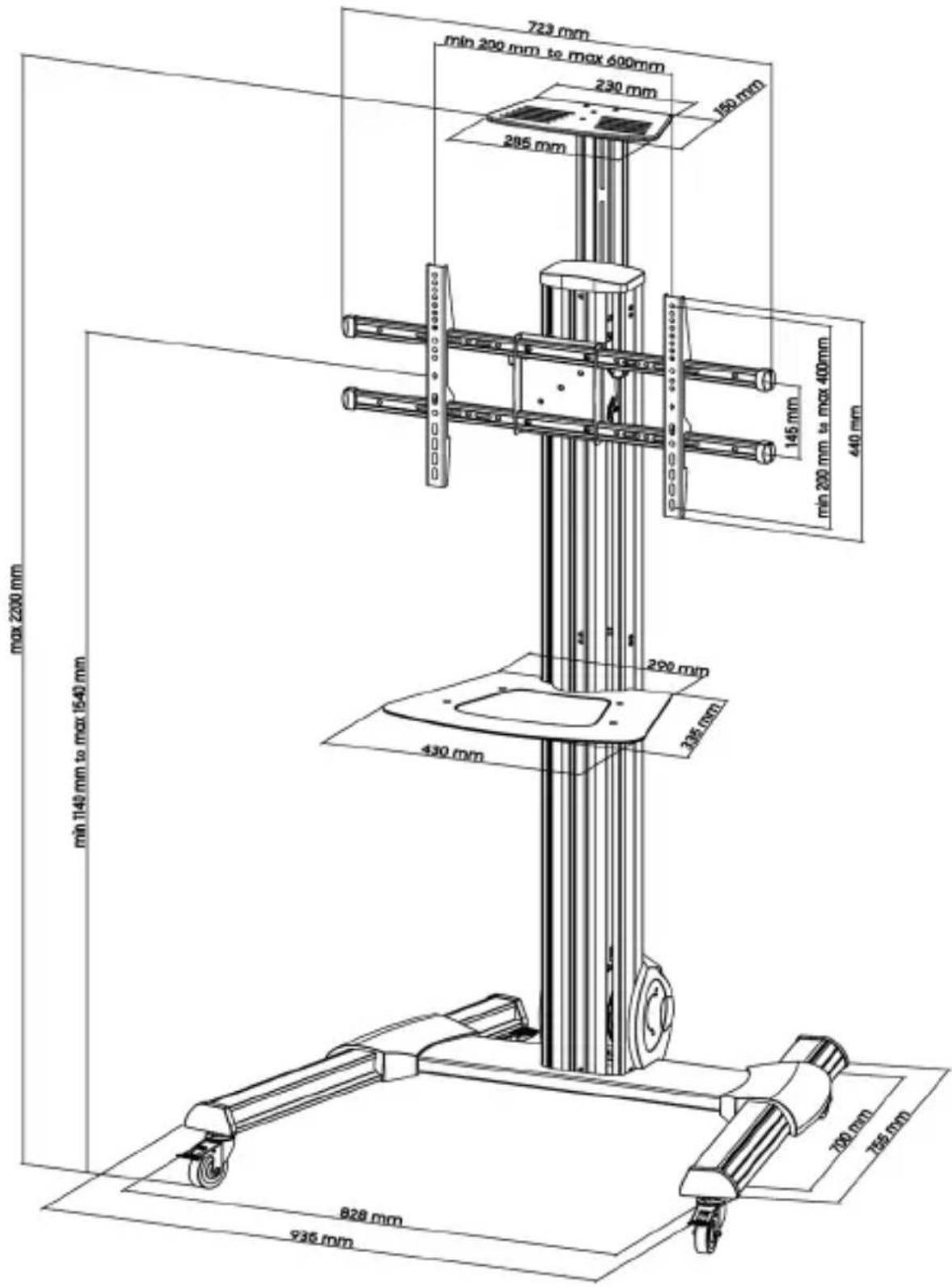723 mm min 200 mm to max 600mm 230 mm 150 mm 285 mm 145 mm min 200 mm to max 400mm 440 mm max 2200 mm min 1140 mm to max 1540 mm 290 mm 335 mm 430 mm 828 mm 935 mm 100 mm 155 mm