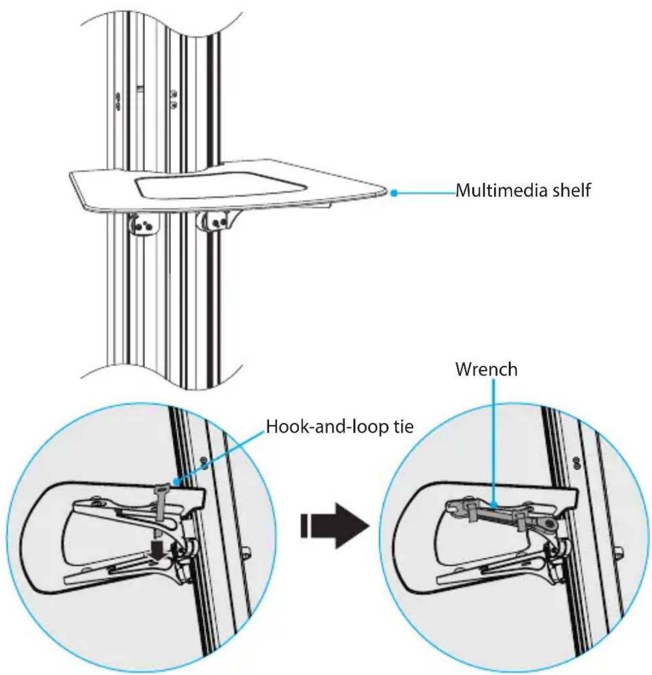 Multimedia shelf Hook-and-loop tie Wrench