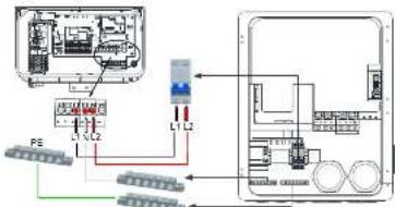 Electrical wiring diagram showing connections between a device with labeled components and wiring paths