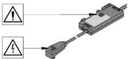 Diagram showing two warning symbols pointing to a device with an electrical connector, likely indicating hazard or failure.
