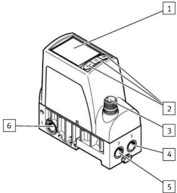 Technical diagram of a mechanical device with numbered parts labeled 1 through 6