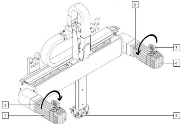 Technical diagram of a mechanical assembly with numbered components and directional arrows indicating motion or assembly.