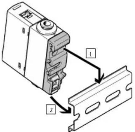 Technical diagram showing a mechanical device with labeled parts 1 and 2, likely illustrating a component assembly or mounting process.