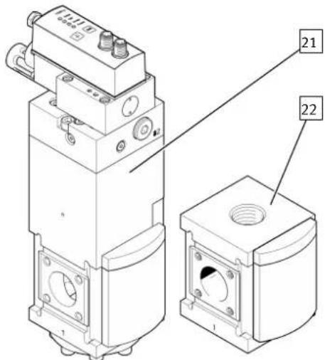 Technical diagram of a mechanical device with labeled parts 21 and 22, showing internal components and mounting features.