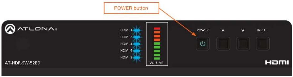 POWER button HDMI 1 HDMI 2 HDMI 3 HDMI 4 HDMI 5 VOLUME POWER A V INPUT AT-HDR-SW-52ED HDMI