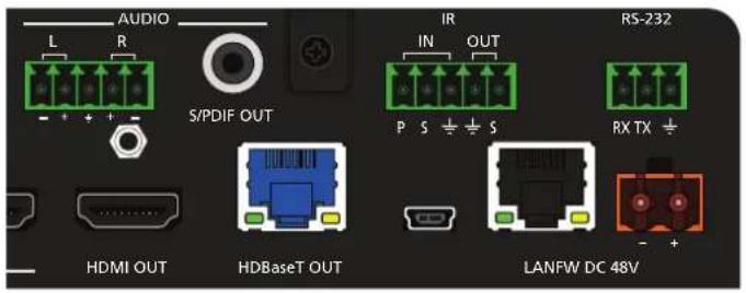 AUDIO L R S/PDIF OUT IR IN OUT P S ÷ ÷ S RS-232 RX TX ÷ HDMI OUT HDBaseT OUT LANFW DC 48V