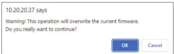 10.20.20.37 says Warning! This operation will overwrite the current firmware. Do you really want to continue? OK Cancel