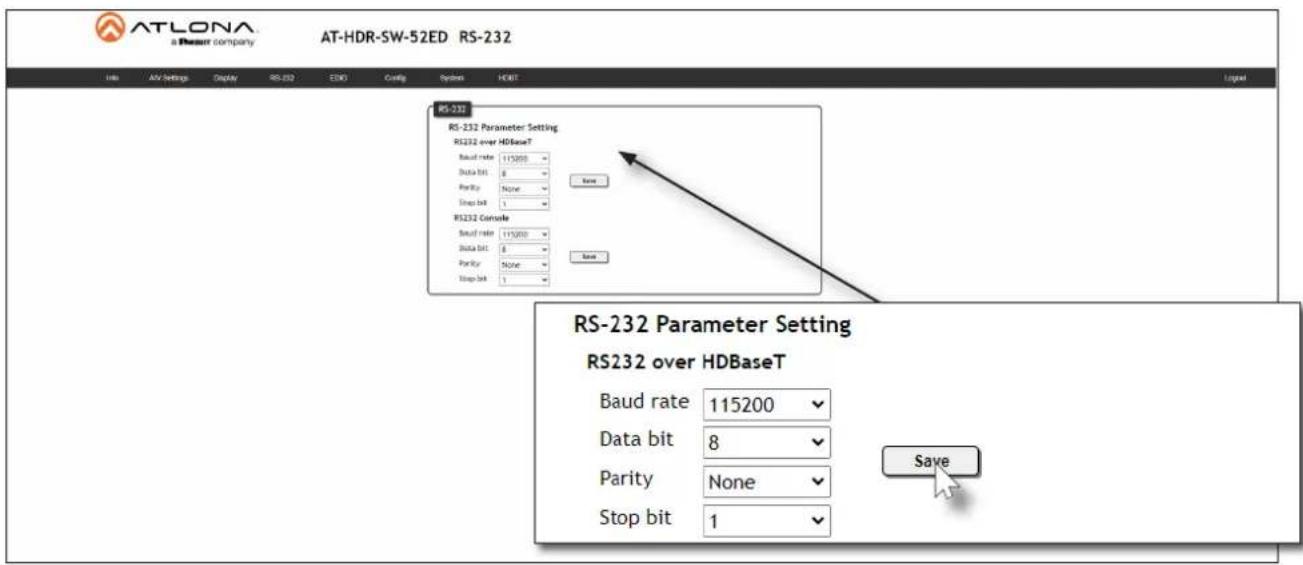 AT-LONA a Thessem company AT-HDR-SW-52ED RS-232 File AV Settings Display RS-232 EDO Config System HDBT Lograr RS-232 RS-232 Parameter Setting RS232 over HDBaseT Baud rate 115200 Data bit 8 Parity None Stop bit 1 RS232 Console Baud rate 115200 Data bit 8 Parity None Stop bit 1 RS-232 Parameter Setting RS232 over HDBaseT Baud rate 115200 Data bit 8 Parity None Stop bit 1 Save Save