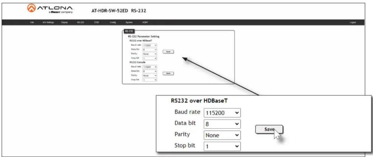 ATLONA a Power company AT-HDR-SW-52ED RS-232 File / AV Settings Display RS-232 ESD Config Systems HDMT RS-232 RS-232 Parameter Setting RS232 over HDBaseT Baud rate 115200 Data bit 8 Parity None Stop bit 1 Save RS232 Console Baud rate 115200 Data bit 8 Parity None Stop bit 1 Save RS232 over HDBaseT Baud rate 115200 Data bit 8 Parity None Stop bit 1 Save