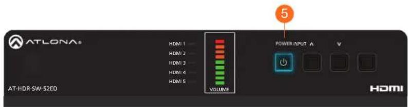 ATLONA HDMI 1 HDMI 2 HDMI 3 HDMI 4 HDMI 5 VOLUME POWER INPUT A V AT-HDR-SW-52ED HOMI