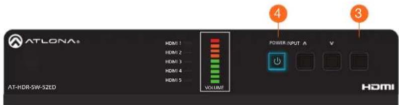 ATLONA HDMI 1 HDMI 2 HDMI 3 HDMI 4 HDMI 5 VOLUME POWER INPUT A V 4 3 AT-HDR-SW-52ED HOMI