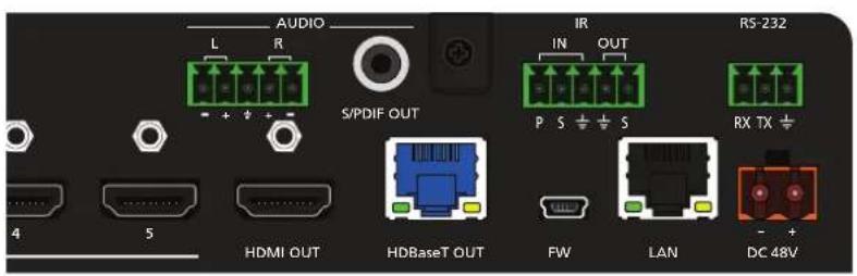 AUDIO L R S/PDIF OUT IR IN OUT P S + S RX TX + 4 5 HDMI OUT HDBaseT OUT FW LAN DC 48V - +