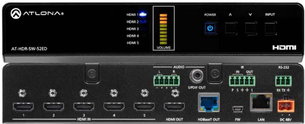 ATLONA® HDMI 1 HDMI 2 HDMI 3 HDMI 4 HDMI 5 VOLUME POWER A V INPUT AT-HDR-SW-52ED HDMI AUDIO L R S/PDIF OUT IR IN OUT P S ÷ ÷ S RS-232 RX TX ÷ 1 2 3 4 5 HDMI IN HDBaseT OUT FW LAN DC 48V