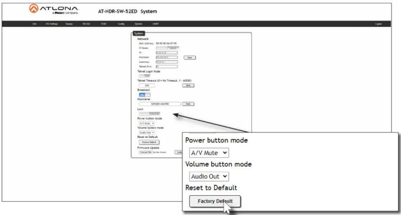 ATLONA a Resort company AT-HDR-SW-52ED System Info AV Settings Display RS-032 EMD Config System HORT System Network Not Address: 88-93-90-06-07-48 IP Mode: 10000 IP: 0.8.16 Antenna: 0.20.20.4 Save Customing: 0.8.16 Telnet Port: 0 Telnet Login Mode Telnet Timeout (0 = No Timeout, 1 - 30000) 200 New Broadcast mm Postframe SW12ED-0607R8 Save Lock Power button mode A/V Mute Volume button mode Audio Out Reset to Default Factory Default Firmware Update Circuit File Just Be Inside Use Power button mode A/V Mute Volume button mode Audio Out Reset to Default Factory Default