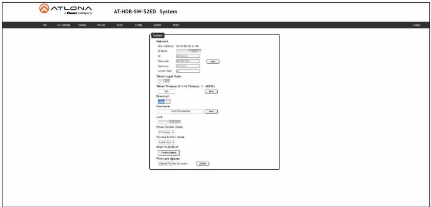 ATLONA a Resort company AT-HDR-SW-52ED System With AV Settings Display RS 232 END Contg System HOST Legend System Network MAC Address: 08-98-00 08-07-98 IP Mode: 1000000 IP: 98.00.00.00 Network: 001.00.00.00 Gateway: 46.00.00.00 Telnet Port: 21 Telnet Login Mode Telnet Timeout (0 = No Timeout, 1 - 60000) 360 New Broadcast Hostname: 5952ED-0x07/xt New Lock POWER BUTTON MODE ACTV Rate Volume BUTTON MODE Audio Out Reset to Default Factory Default Firmware Update Choose File > No the store? System