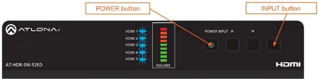 POWER button POWER INPUT A V VOLUME HDMI 1 HDMI 2 HDMI 3 HDMI 4 HDMI 5 AT-HDR-SW-52ED HDMI