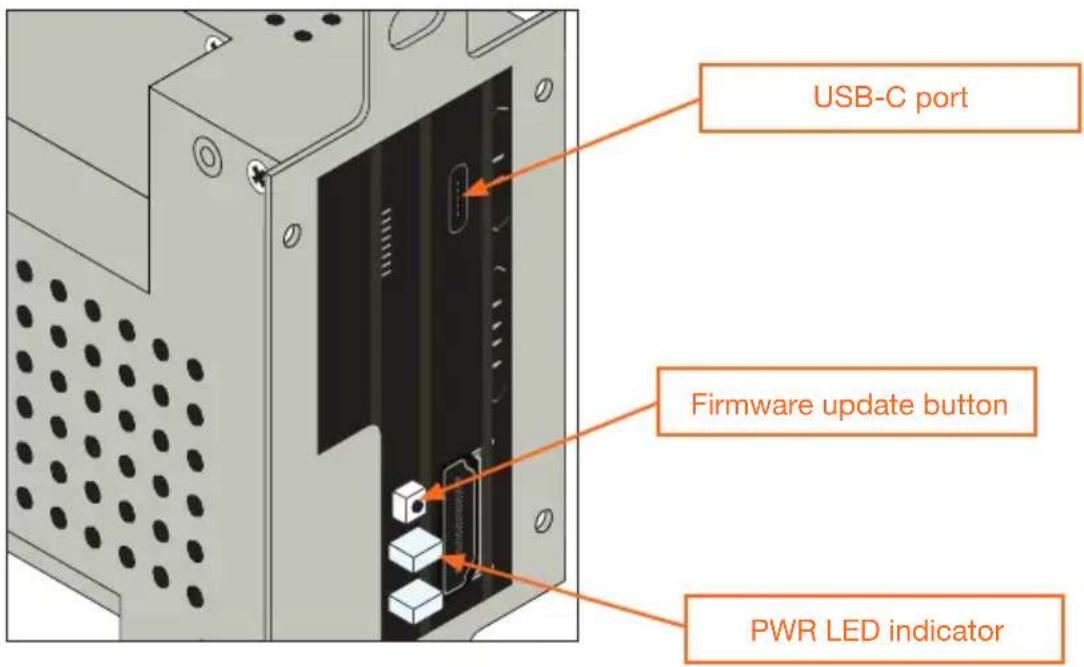 USB-C port Firmware update button PWR LED indicator