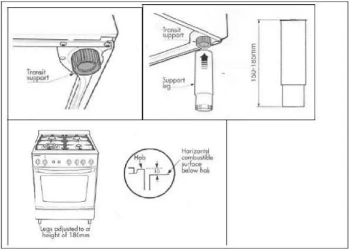 Transit support Transit support Support leg 150-185mm Legs adjusted to a height of 186mm Horizontal combustible surface below hoé