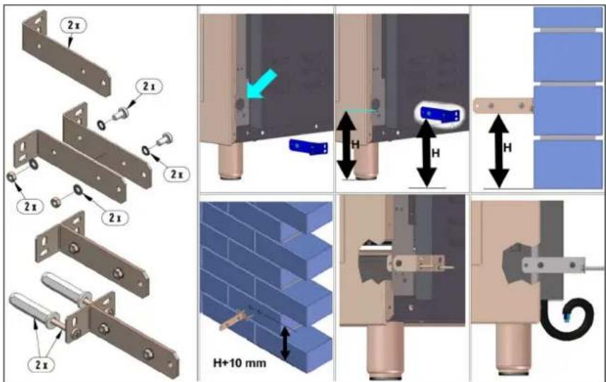 Technical diagram illustrating mechanical assembly steps with labeled components and dimensional annotations