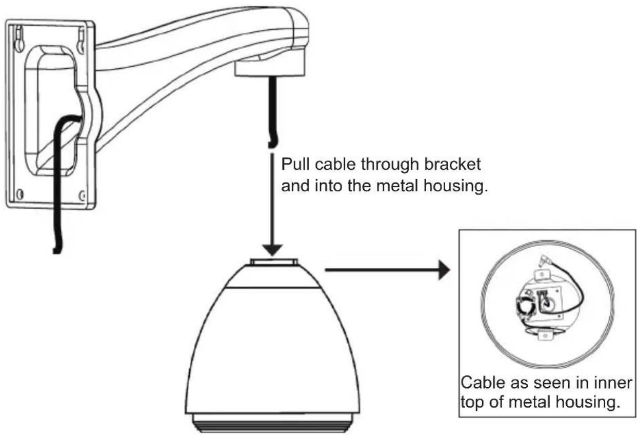 Pull cable through bracket and into the metal housing. Cable as seen in inner top of metal housing.