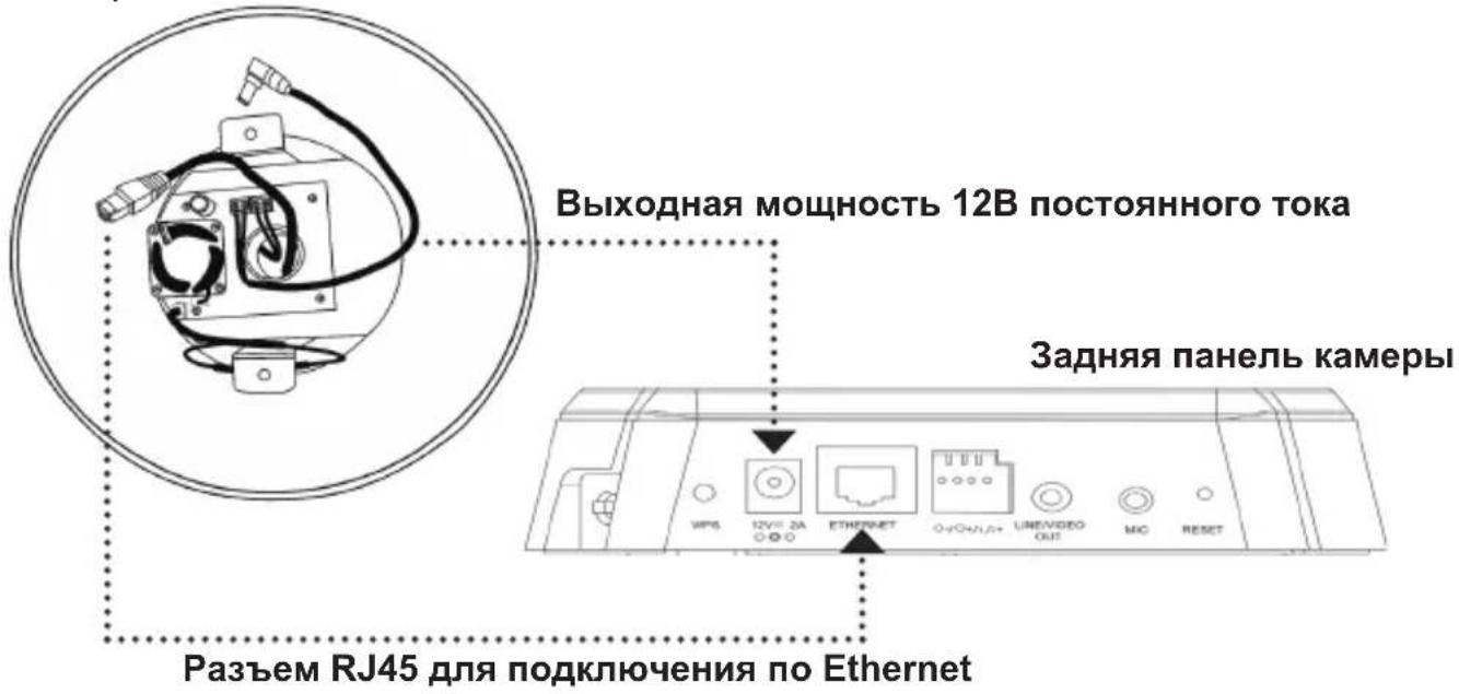 Выходная мощность 12В постоянного тока Задняя панель камеры Разъем RJ45 для подключения по Ethernet