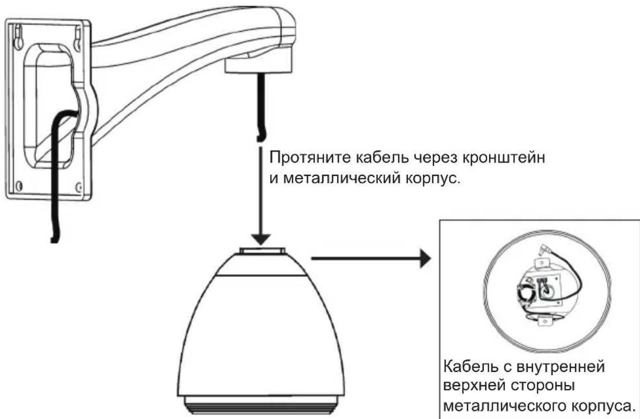 Протяните кабель через кронштейн и металлический корпус. Кабель с внутренней верхней стороны металлического корпуса.