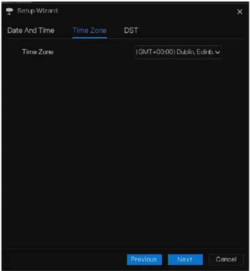 Setup Wizard Date And Time Time Zone DST Time Zone (GMT+00:00) Dublin, Edinb. Previous Next Cancel