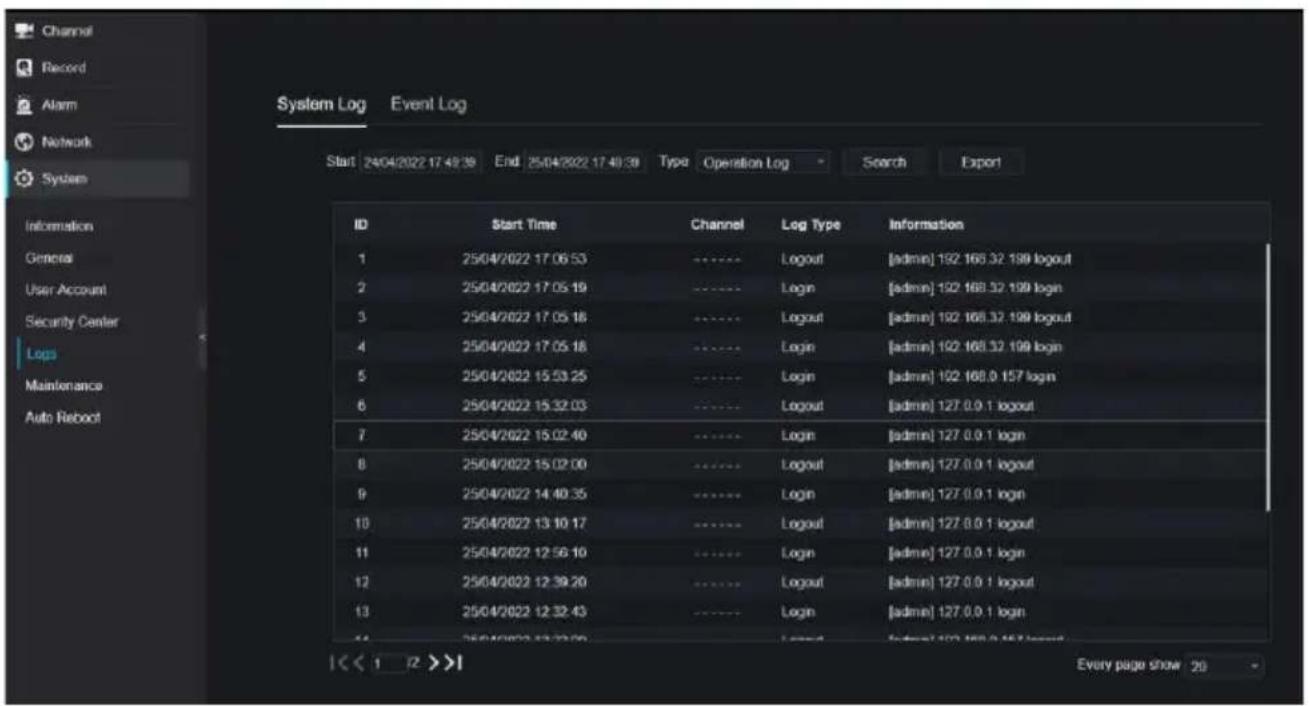 Channel Record Alarm Network System System Log Event Log Start 24/04/2022 17:49:39 End 25/04/2022 17:40:39 Type Operation Log Search Export Information General User Account Security Center Logs Maintenance Auto Reboot ID Start Time Channel Log Type Information 1 25/04/2022 17:06:53 -----Logout [admi…