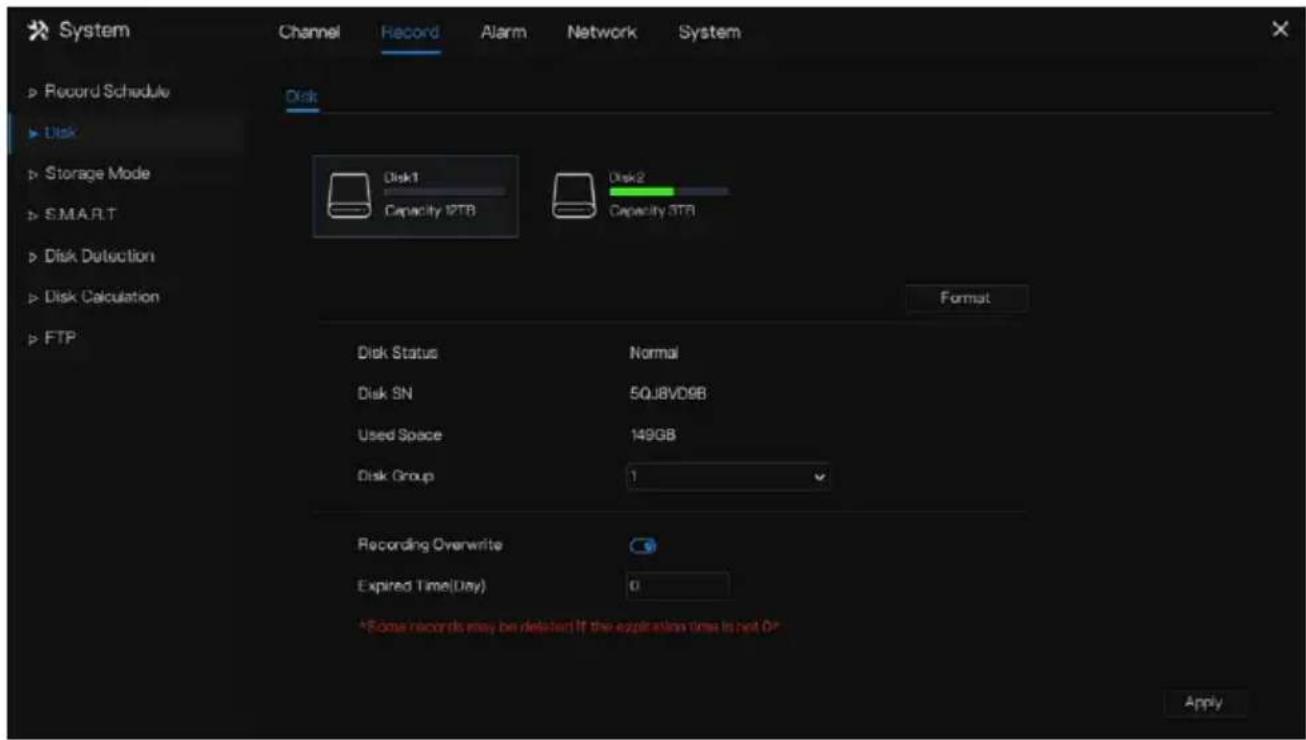 System Channel Record Alarm Network System Record Schedule Disk Disk Storage Mode SMART Disk Detection Disk Calculation FTP Disk1 Capacity 12TB Disk2 Capacity 3TB Format Disk Status Normal Disk SN 5QJBVD9B Used Space 149GB Disk Group 1 Recording Overwrite Expired Time(Day) 0 *Some records may be del…