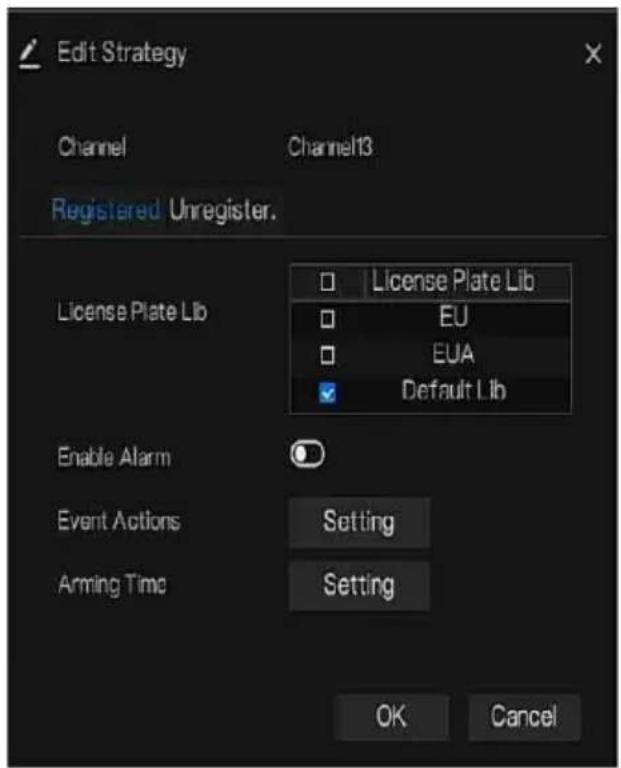 Edit Strategy Channel Channel13 Registered Unregister. License Plate Lib License Plate Lib EU EUA Default Lib Enable Alarm Event Actions Setting Arming Time Setting OK Cancel