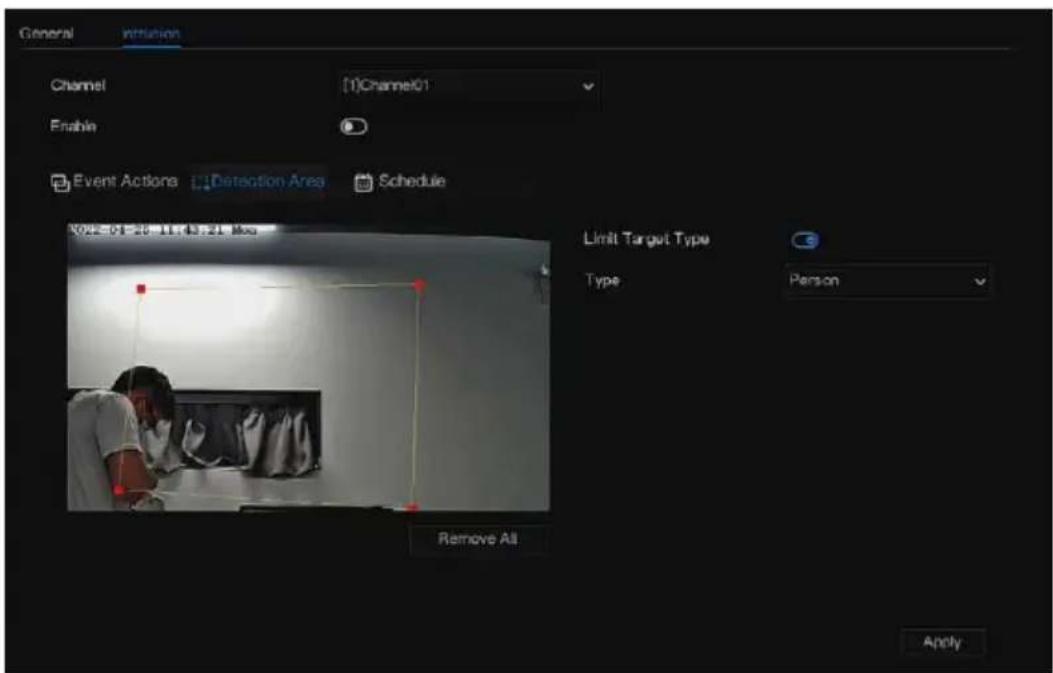 General Inflation Channel [1]Channel01 Enable Event Actions Detection Area Schedule 2022-04-26 11:43:21 kgs Limit Target Type Type Person Remove All Apply