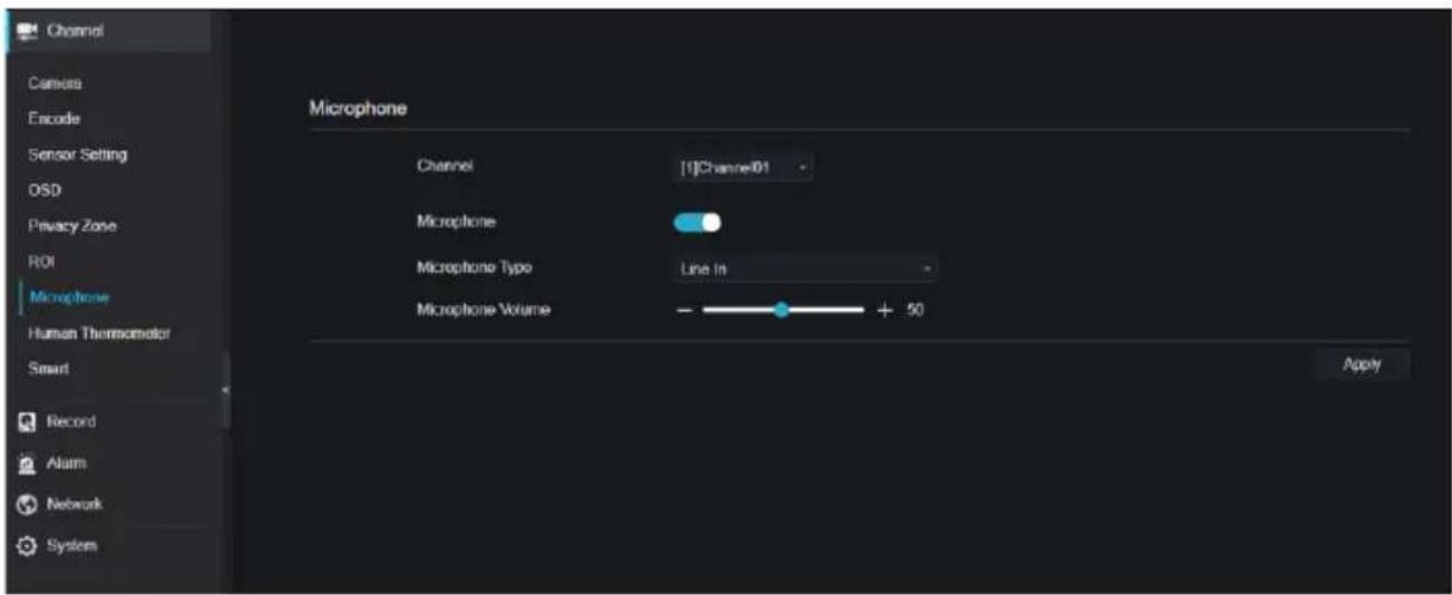 Channel Camera Encode Sensor Setting OSD Privacy Zone ROI Microphone Human Thermometer Smart Record Alum Network System Microphone Channel [1]Channel01 - Microphone Microphone Type Line in - Microphone Volume - + 50 Apply