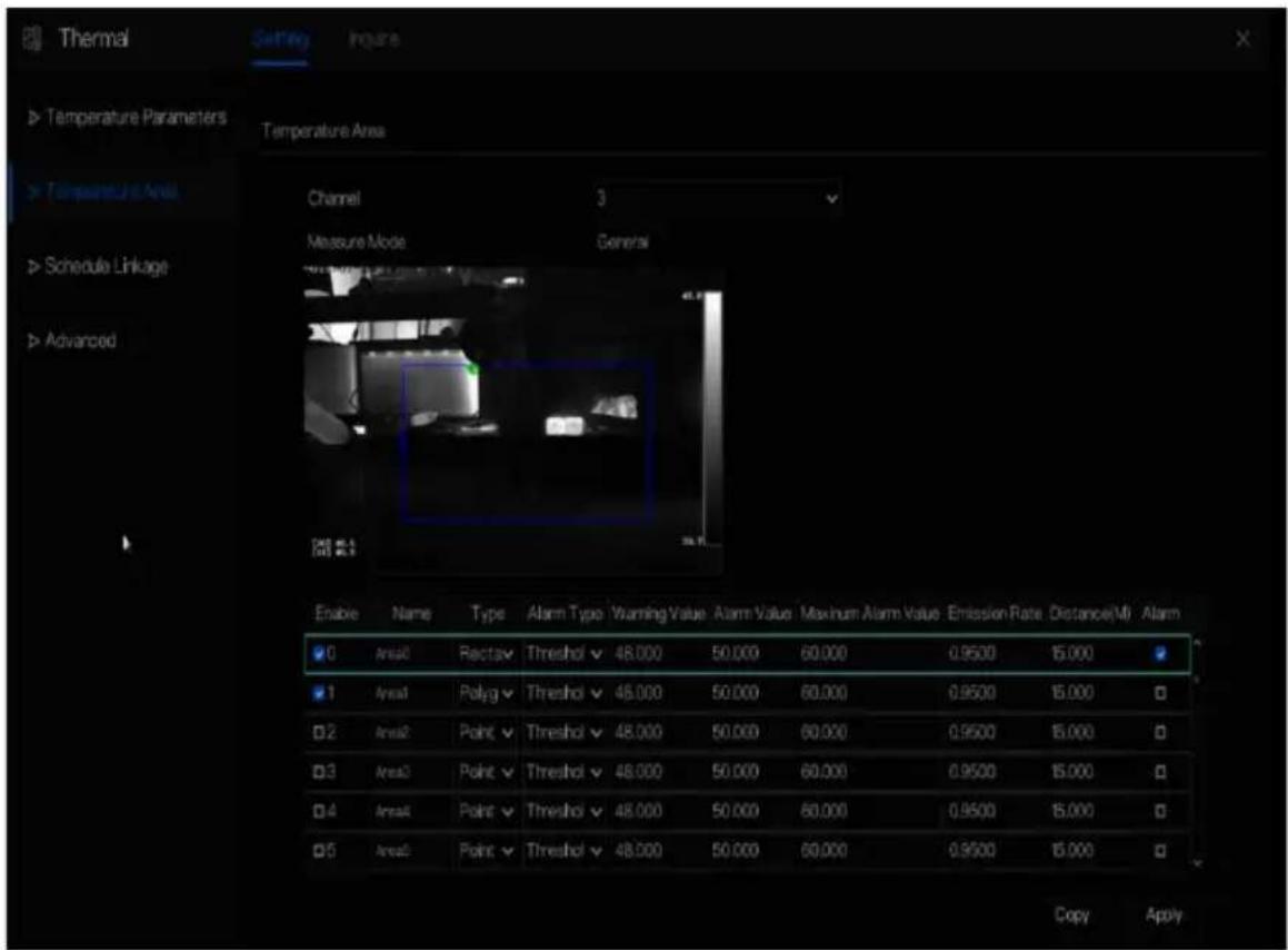 Thermal Setting Figure Temperature Parameters Temperature Area Channel Measure Mode General Schedule Linkage Advanced Enable Name Type Alarm Type Warning Value Alarm Value Maximum Alarm Value Emission Rate Distance(M) Alarm 0 Area1 Rectarv Threshold 48.000 50.000 60.000 0.9500 15.000 1 Area1 Polyg T…