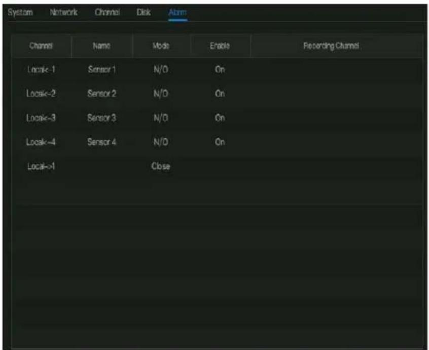 System Network Channel Disk Alarm Channel Name Mode Enable Recording Channel Local<-1 Sensor 1 N/O On Local<-2 Sensor 2 N/O On Local<-3 Sensor 3 N/O On Local<-4 Sensor 4 N/O On Local->1 Close