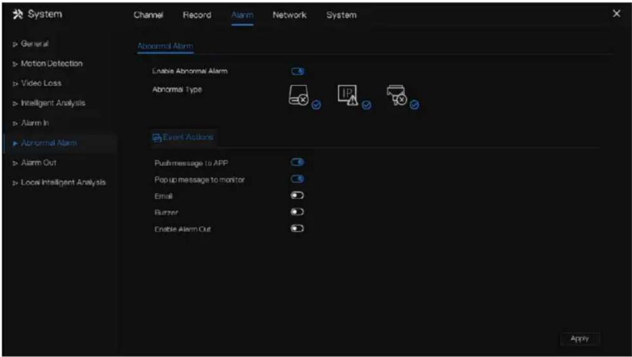 System Channel Record Alarm Network System Abnormal Alarm Enable Abnormal Alarm Abnormal Type Event Actions Push message to APP Pop up message to monitor Email Buzzer Enable Alarm Out General Motion Detection Video Loss Intelligent Analysis Alarm In Abnormal Alarm Alarm Out Local Intelligent Analysi…