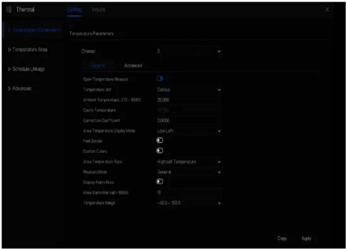 Thermal Sating Inquire Temperature Parameters Temperature Parameters Temperature Area Channel 3 General Advanced Open Temperature Measure Temperature Unit Celsius Ambient Temperature(-272 - 10000) 25.000 Cavity Temperature 47.000 Correction Coefficient 0.0000 Area Temperature Display Mode Low Left F…