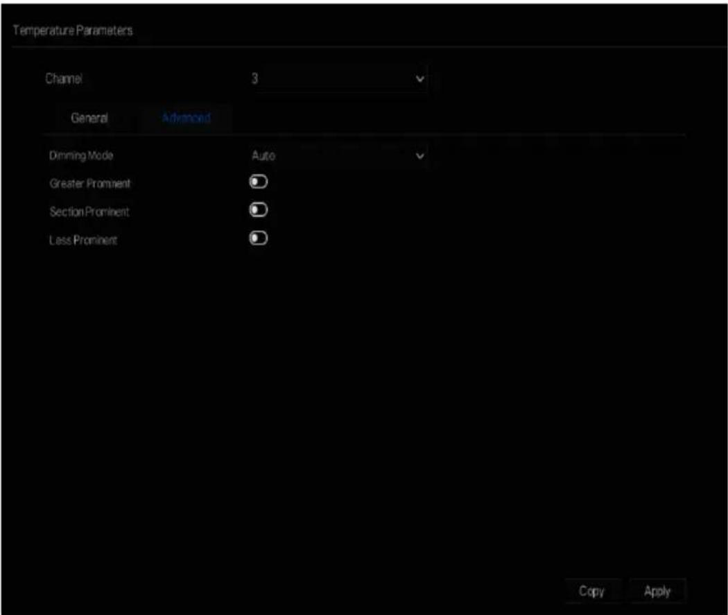 Temperature Parameters Channel 3 General Advanced Dimming Mode Auto Greater Prominent Section Prominent Less Prominent Copy Apply