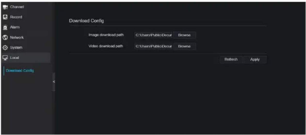 Channel Record Alarm Network System Local Download Config Download Config Image download path C:\Users\Public\Decur Browse Video download path C:\Users\Public\Decur Browse Refresh Apply