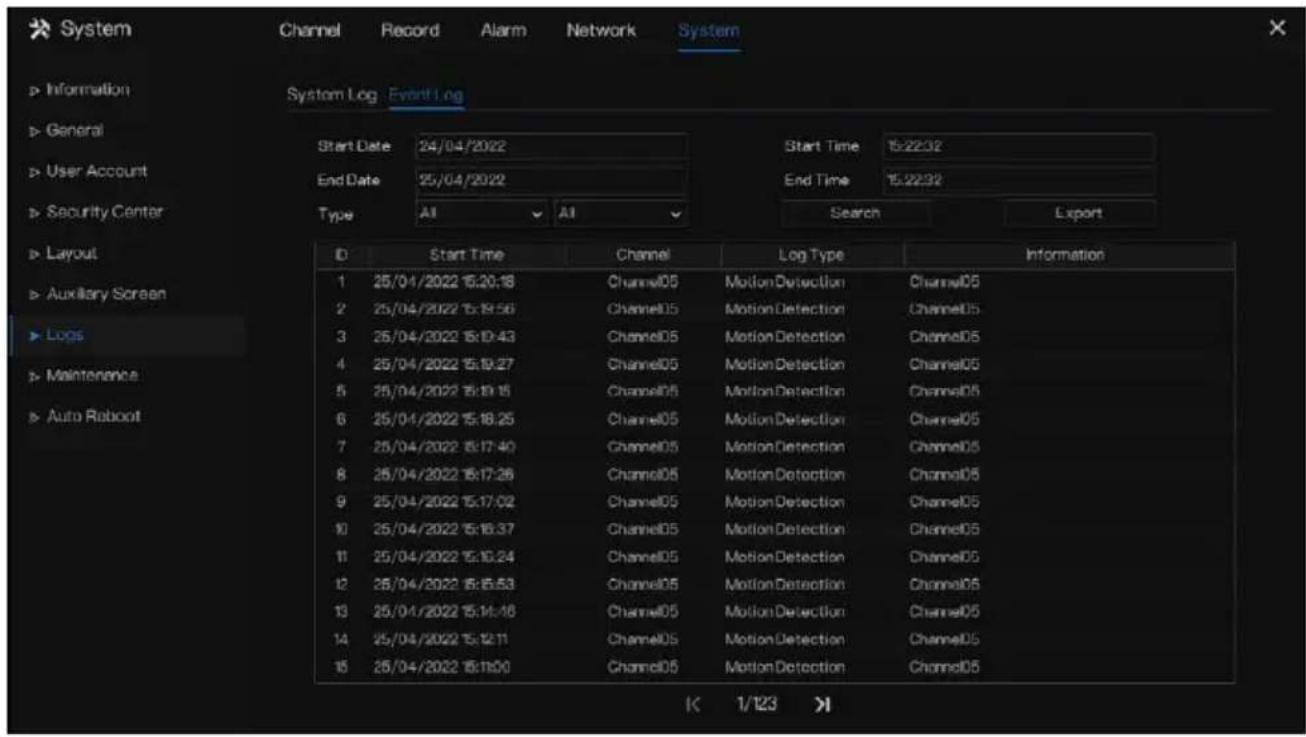 System Channel Record Alarm Network System Information System Log Event Log General Start Date 24/04/2022 End Date 25/04/2022 Type All All Start Time 15:22:32 End Time 15:22:32 Search Export Layout Auxiliary Screen Logs Maintenance Auto Robout ID Start Time Channel Log Type Information 1 25/04/2022…