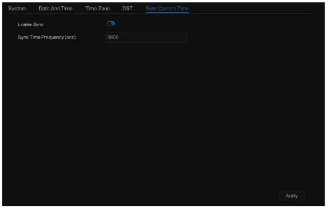 System Date And Time Time Zone DST Sync Camera Time Enable Sync Sync Time Frequency (sec) 3600 Apply