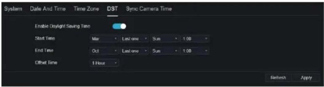 System Date And Time Time Zone DST Sync Camera Time Enable Daylight Saving Time Start Time Mar Last one Sun 1.00 End Time Oct Last one Sun 1.00 Offset Time 1 Hour Refresh Apply