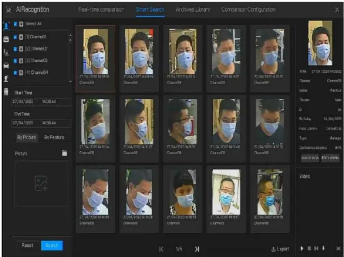 AI Recognition Real-time comparison Smart Search Archives Library Comparison Configuration Select All [1] Channel01 [2] Channel02 [3] Channel03 [4] Channel04 Start Time 27/04/2020 14:08:44 End Time 27/04/2020 14:39:44 By Picture By Feature Picture Reset Search Time 27/04/2020 14:08:52 Channel Channe…