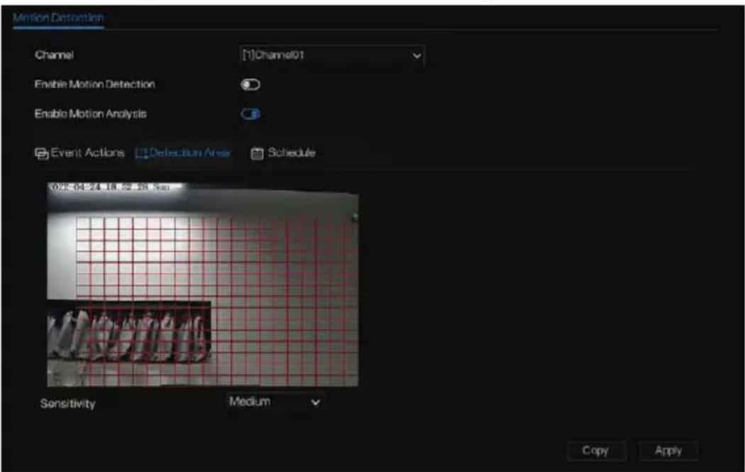 Motion Detection Channel [1]Channel01 Enable Motion Detection Enable Motion Analysis Event Actions Detection Area Schedule 02-04-24 18:52:28 Sat Sensitivity Medium Copy Apply
