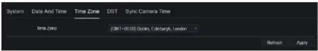 System Date And Time Time Zone DST Sync Camera Time Time Zone (GMT+00:00) Dublin, Edinburgh, London Refresh Apply