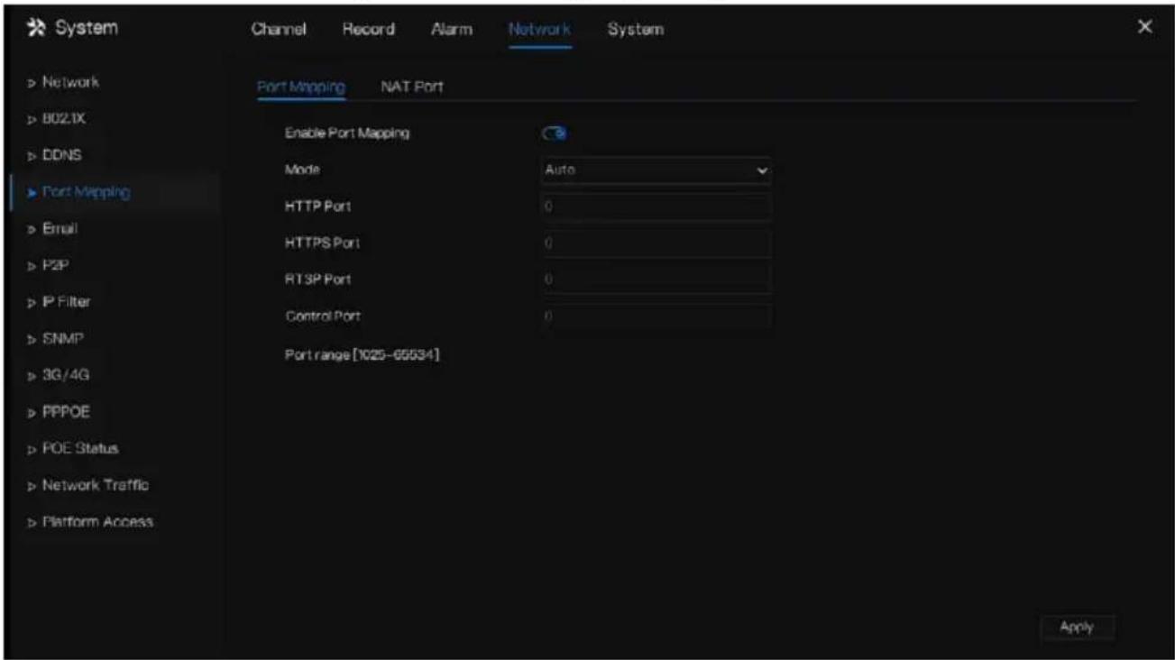 System Channel Record Alarm Network System > Network > 802.1X > DDNS > Port Mapping > Email > P2P > IP Filter > SNMP > 3G/4G > PPPOE > POE Status > Network Traffic > Platform Access Port Mapping NAT Port Enable Port Mapping Mode Auto HTTP Port 0 HTTPS Port 0 RT3P Port 0 Control Port 0 Port range [10…