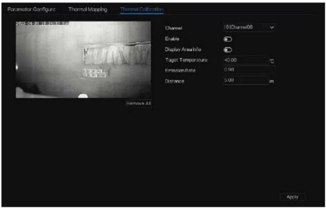Parameter Configure Thermal Mapping Thermal Calibration 20°E-04 74 (5°E) 18.5° Channel 18 | Channels/06 Enable Display Area Info Tagot Temperature 40.00 °C Emission Rate 0.98 Distance 5.00 m Remove All Apply