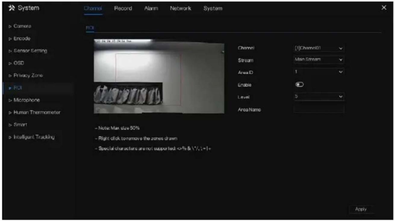 System Channel Record Alarm Network System Camera Encode Sensor Setting OSD Privacy Zone ROI Microphone Human Thermometer Smart Intelligent Tracking ROI 22:04:24 12:29:34 3ns Channel [1]ChannelID Stream Main Stream Area ID 1 Enable Level 5 Area Name - Note: Max size 50% - Right click to remove the z…